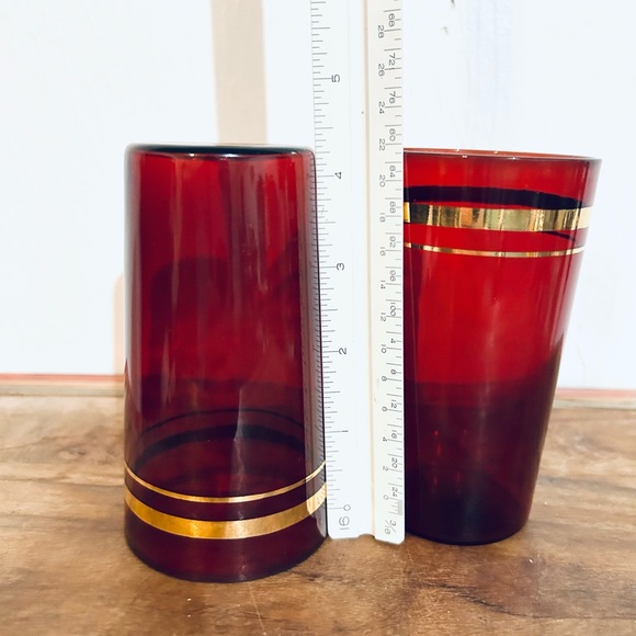 Set Of 6 Vintage Ruby Red With Gold Trim Drinking Glasses/ Vintage Glassware - Picture 2 of 14